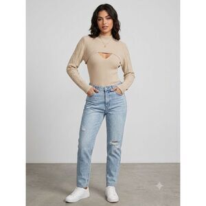 NWT Jolie & Joy Beige Ribbed Knit Cutout Sweater | Size Large | Cable Sleeves